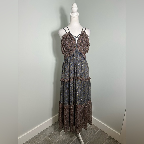 Lucky Brand Ruffle Floral Maxi Sundress Blue Brown w Gold  Size Large - Picture 3 of 16